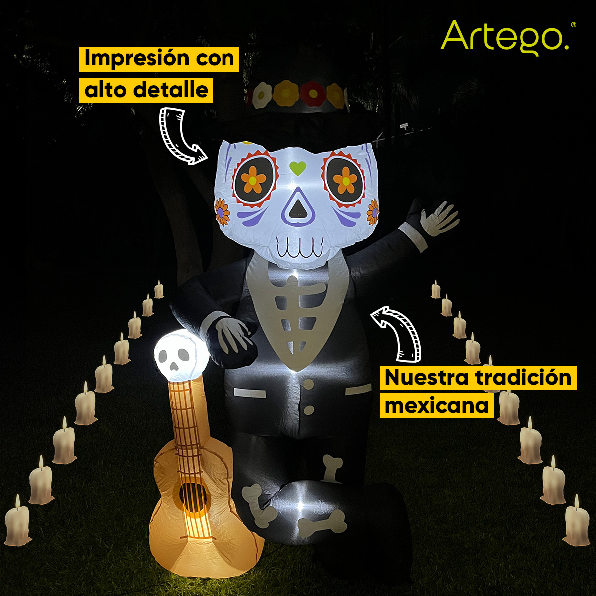 Inflable de Halloween Mariachi catrín calavera guitarra día de muertos para exteriores 1.85m
