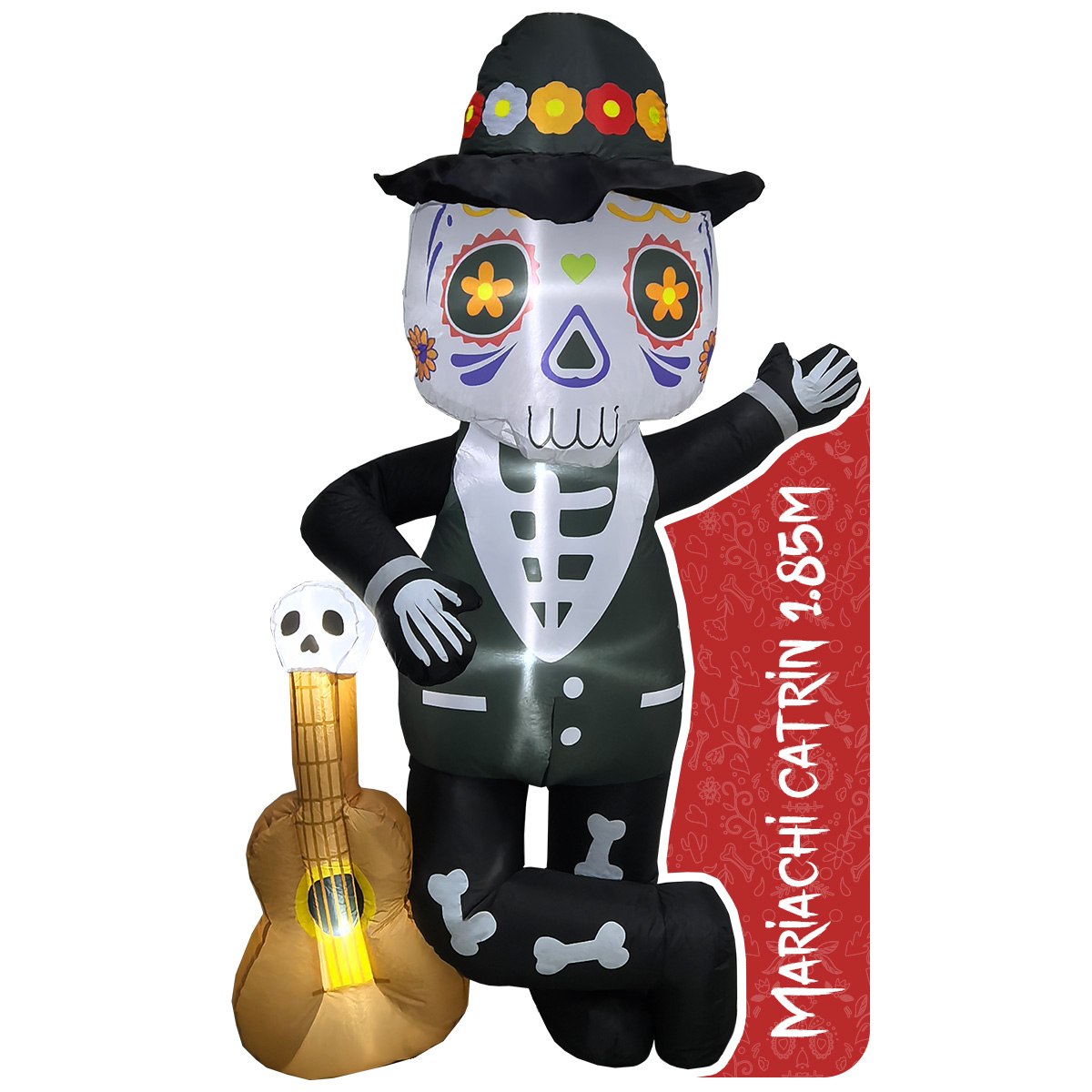 Inflable de Halloween Mariachi catrín calavera guitarra día de muertos para exteriores 1.85m