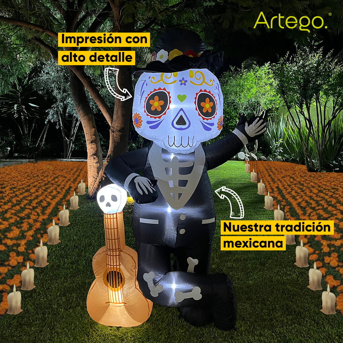 Inflable de Halloween Mariachi catrín calavera guitarra día de muertos para exteriores 1.85m