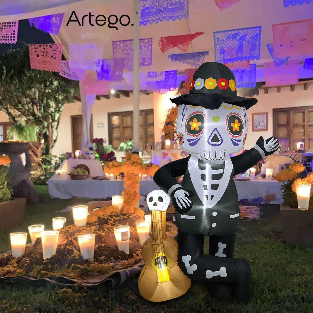 Inflable de Halloween Mariachi catrín calavera guitarra día de muertos para exteriores 1.85m