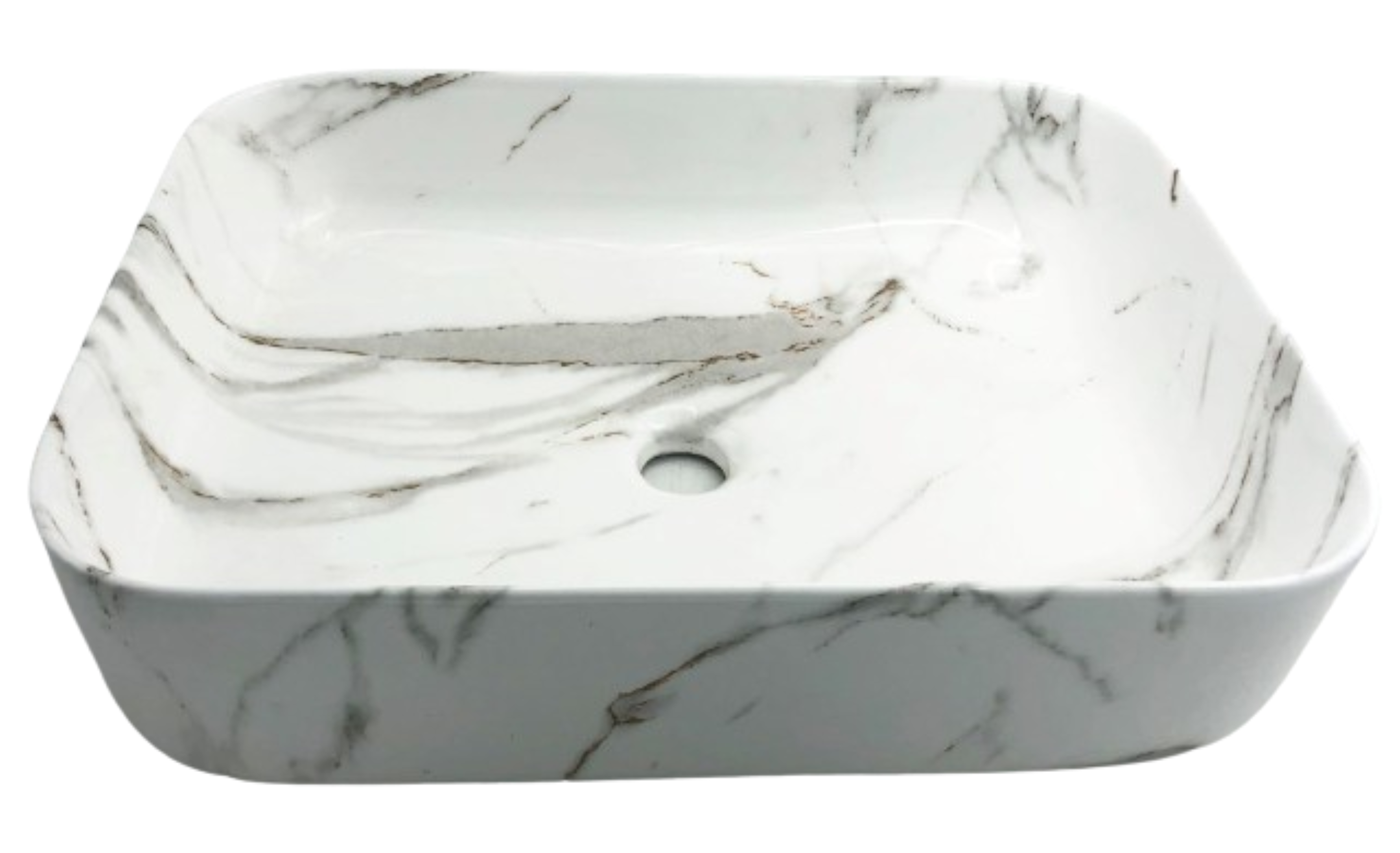 Lavabo Cerámico para Baño TIM, forma rectangular acabado blanco marmoleado. De sobreponer, con diseño europeo ideal para todo tipo de baños. Dimensiones 50.0 x 39.0 x 13.0 cms. (base x altura x profundidad)