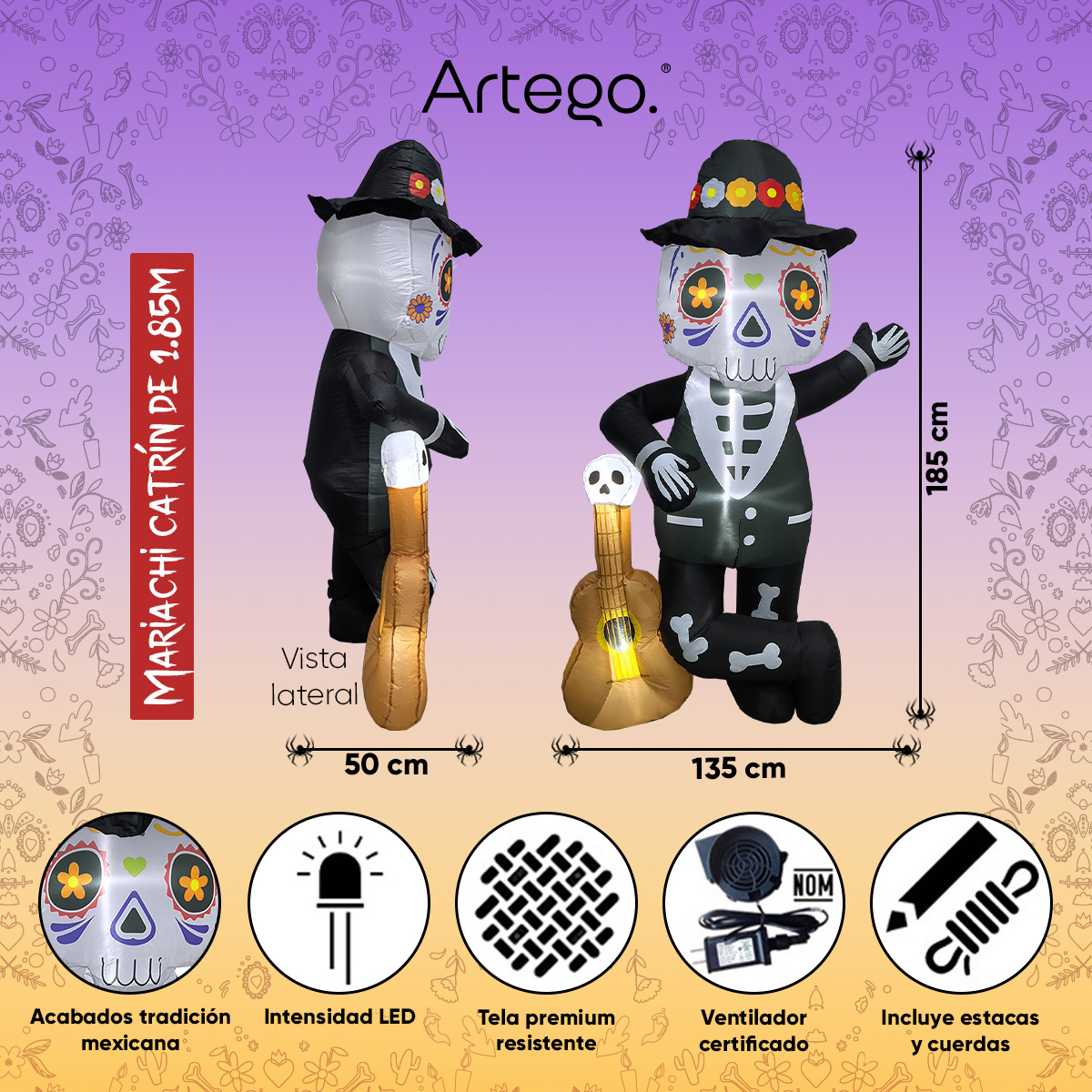 Inflable de Halloween Mariachi catrín calavera guitarra día de muertos para exteriores 1.85m