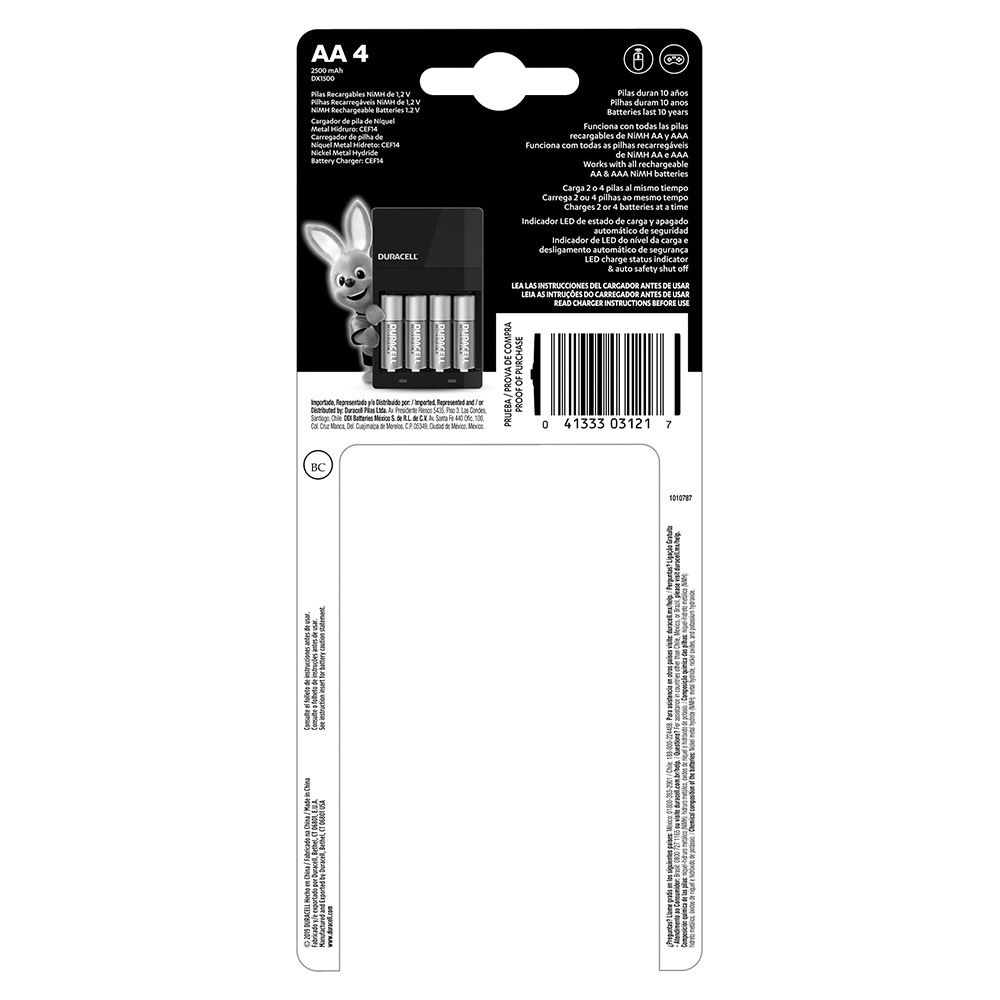 Cargador para Pilas Recargables marca Duracell con 4 pilas AA de 2500 mAh incluidas 