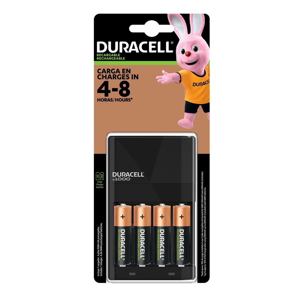 Cargador para Pilas Recargables marca Duracell con 4 pilas AA de 2500 mAh incluidas 