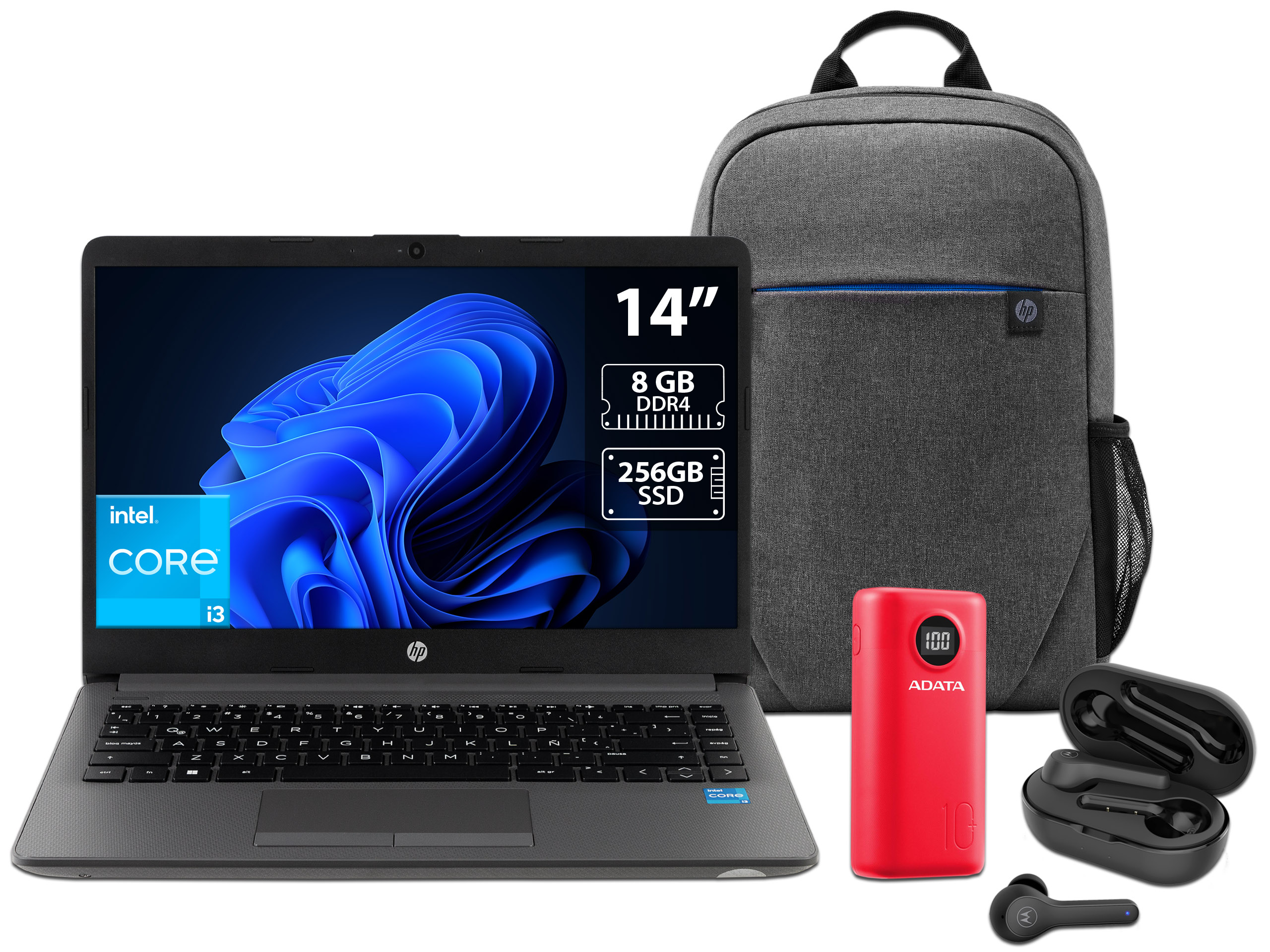 Bundle Laptop HP 240 G9 Intel Core i3 RAM 8GB SSD 256GB Incluye Mochila HP, Power Bank y Audífonos Bluetooth