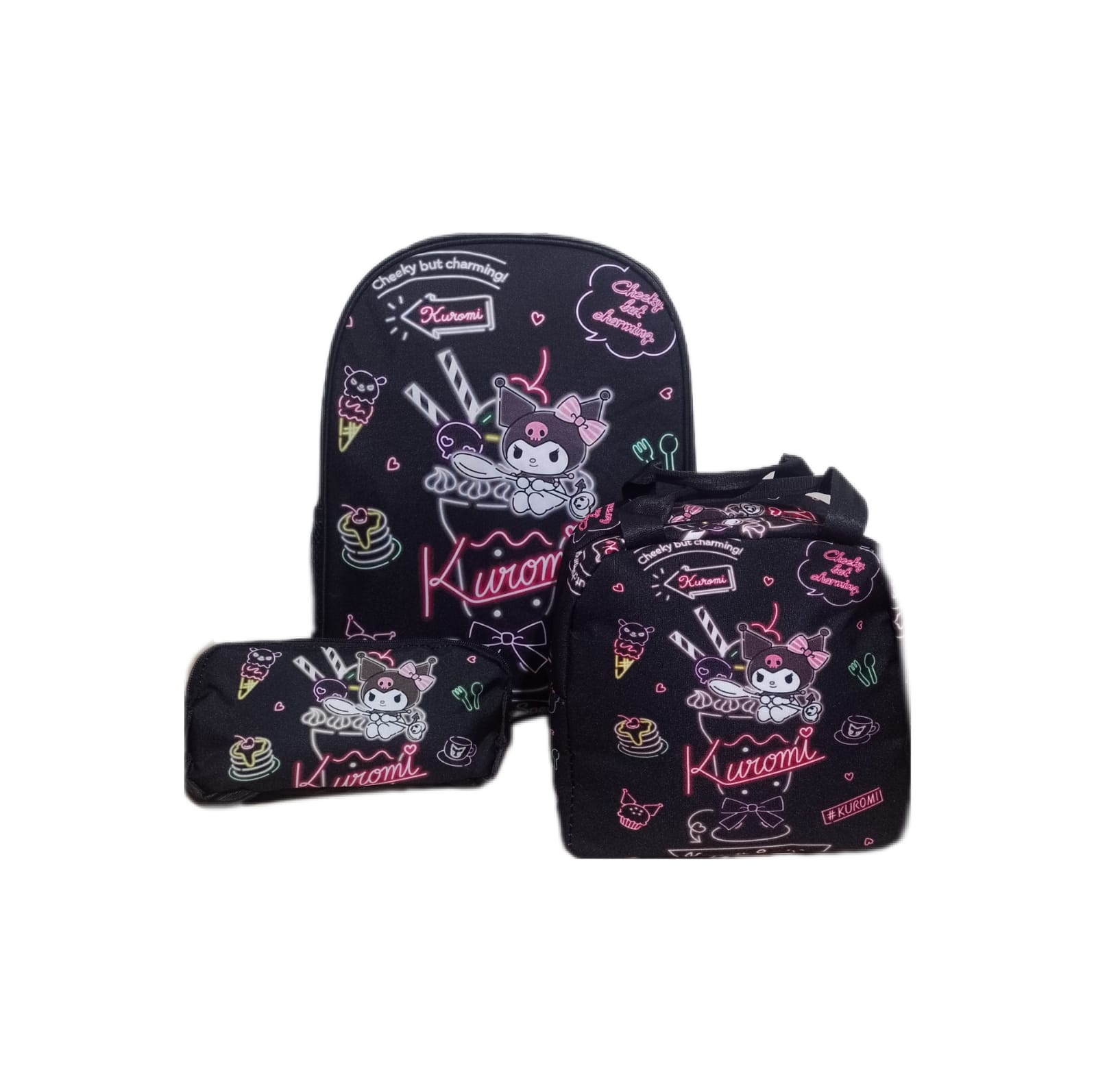 Mochila, lonchera y lapicera, piezas Diseño de Kuromi
