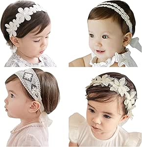 A Diadema de Encaje Suave con Nudo de Lazo, 4 Pcs Cintas para Niñas