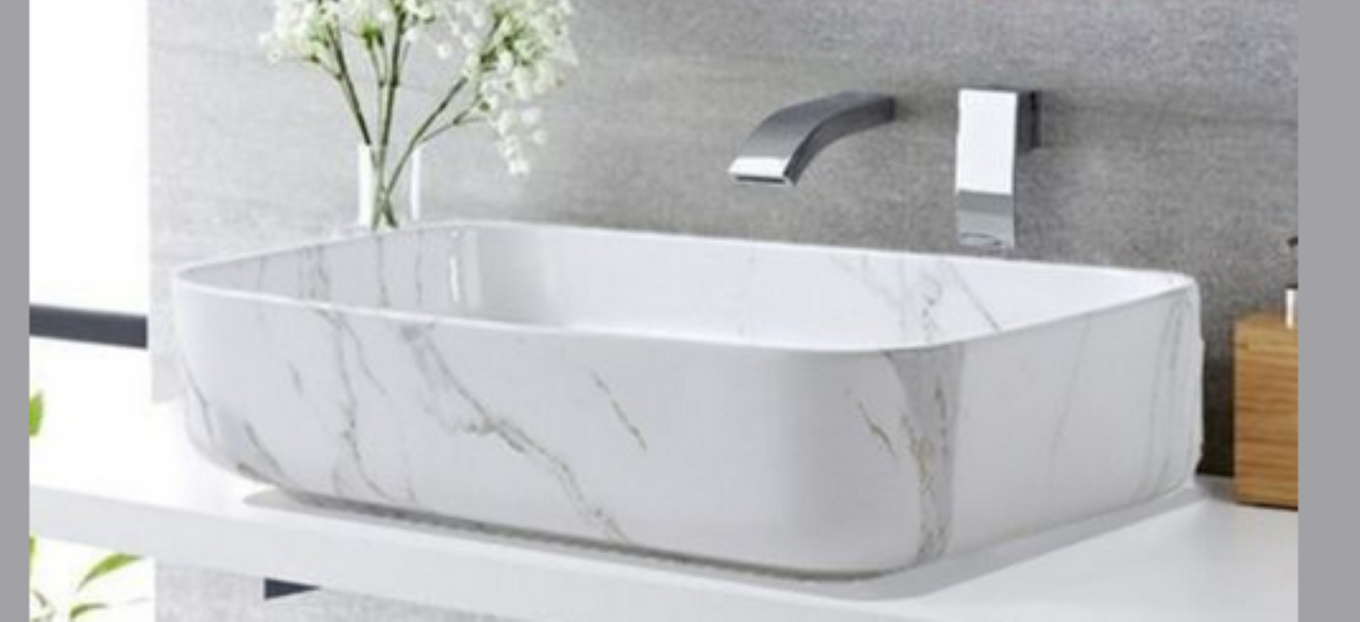 Lavabo Cerámico para Baño TIM, forma rectangular acabado blanco marmoleado. De sobreponer, con diseño europeo ideal para todo tipo de baños. Dimensiones 50.0 x 39.0 x 13.0 cms. (base x altura x profundidad)