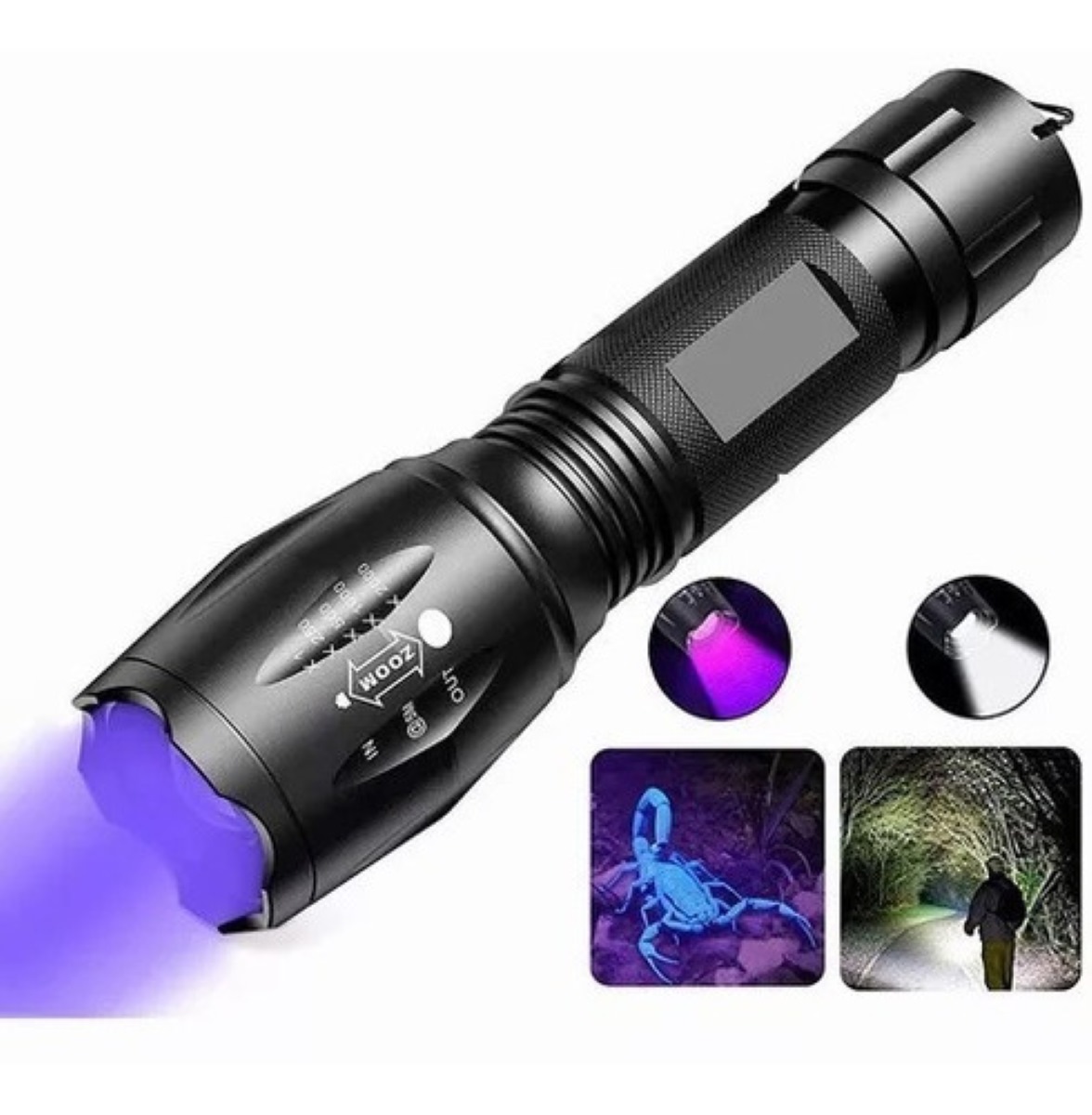 Linterna Recargable Con Luz Led Uv Negra Y Blanca 2 En 1 NEGRO