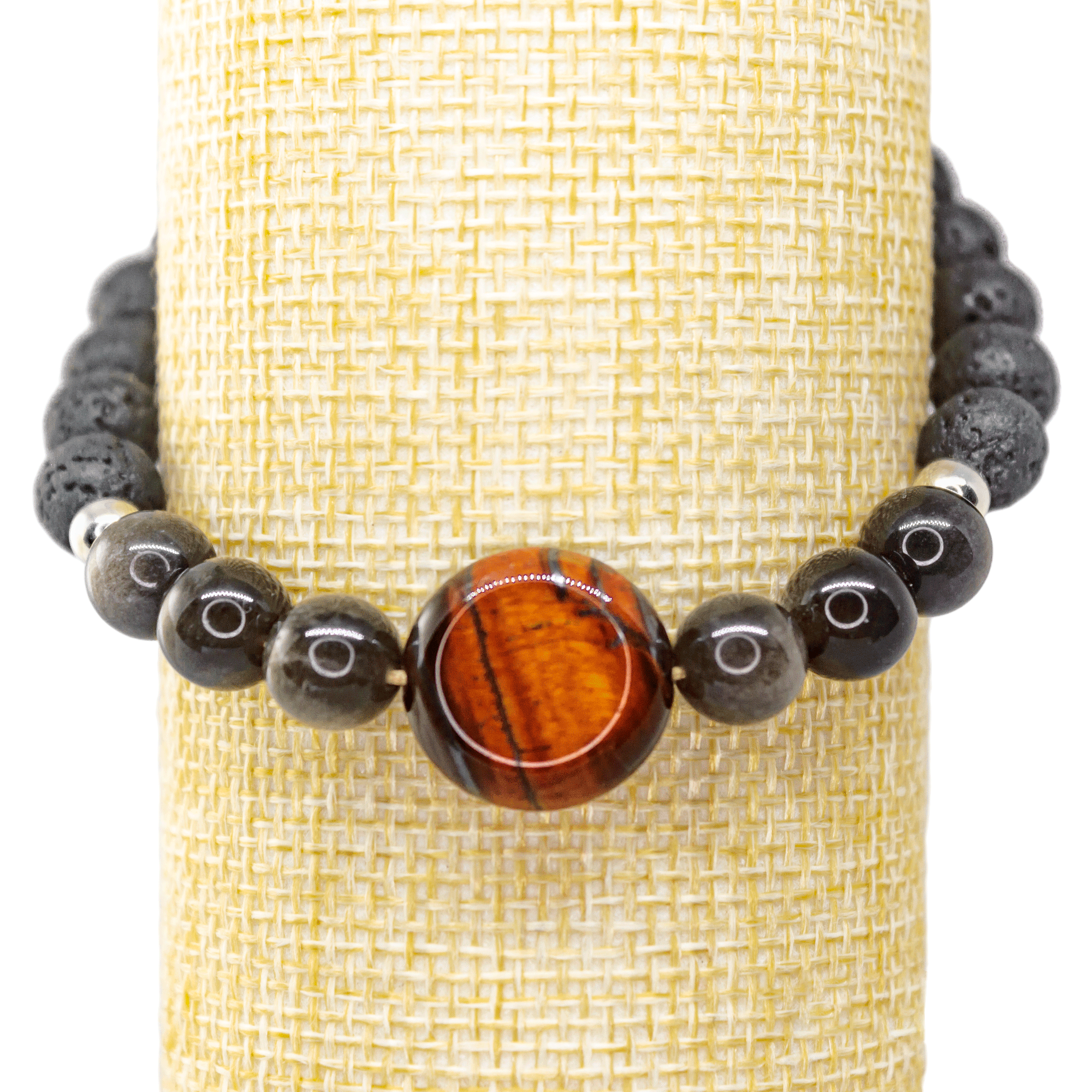 Pulsera de Protección Ojo De Tigre Rojizo, Obsidiana Y Plata Genuina Dije circular