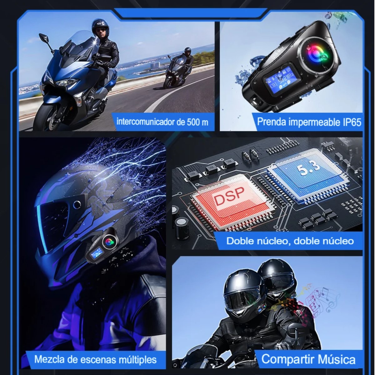 Intercomunicador Bluetooth casco moto impermeable IP65 500M compartir musica y voz led lampara SD