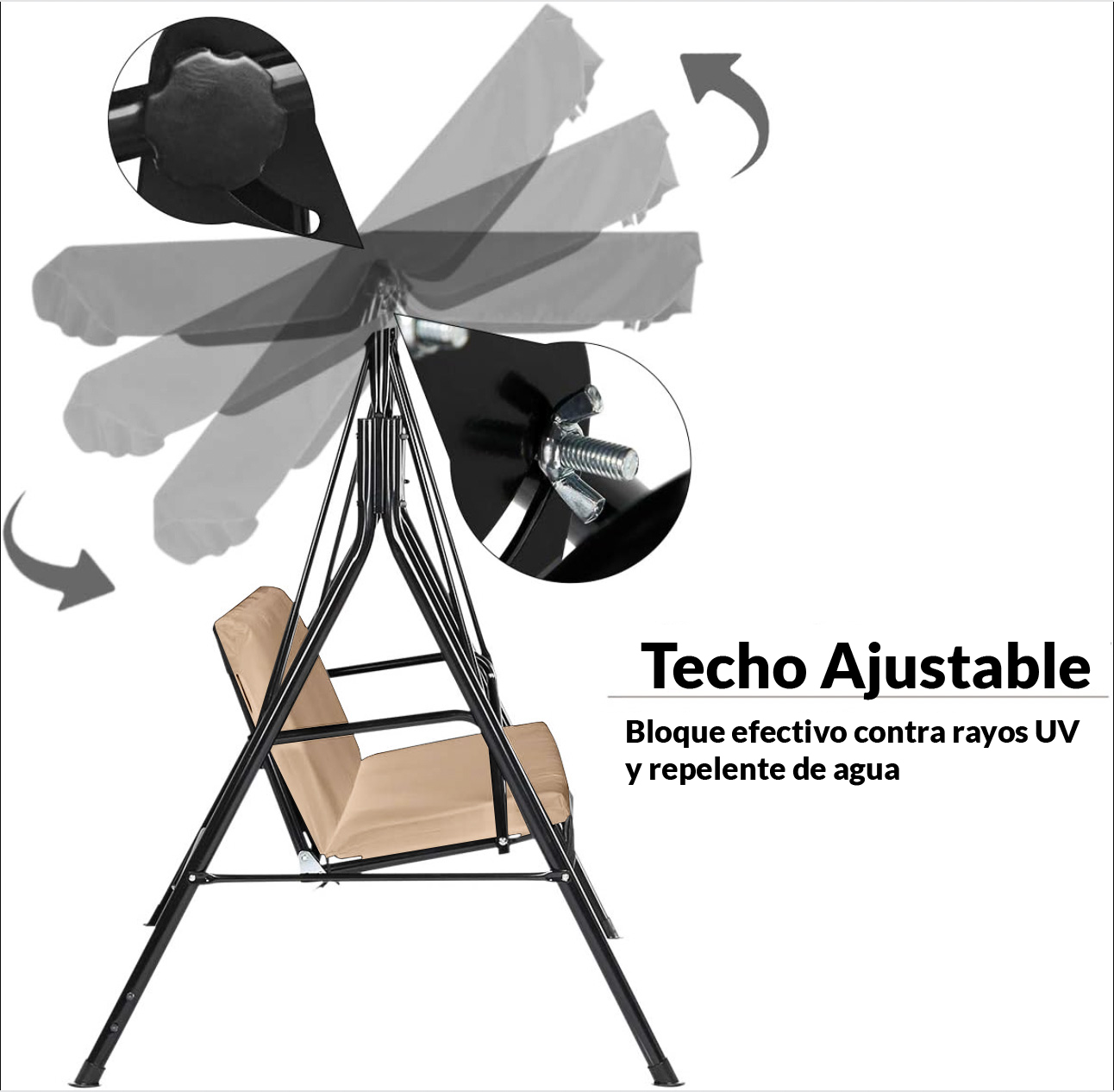 Ilios Innova | Columpio Banca De 3 Asientos con Techo Impermeable para exteriores | Silla colgante para jardin | Columpio colgante de tres plazas para eventos al aire libre 