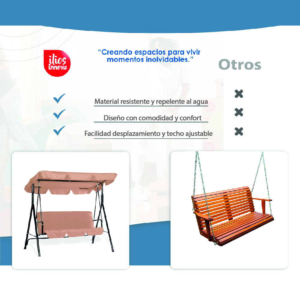 Ilios Innova | Columpio Banca De 3 Asientos con Techo Impermeable para exteriores | Silla colgante para jardin | Columpio colgante de tres plazas para eventos al aire libre 