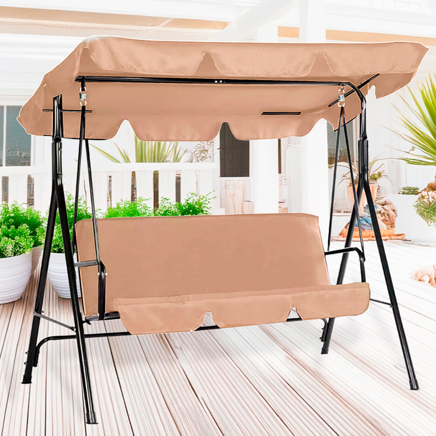 Ilios Innova | Columpio Banca De 3 Asientos con Techo Impermeable para exteriores | Silla colgante para jardin | Columpio colgante de tres plazas para eventos al aire libre 
