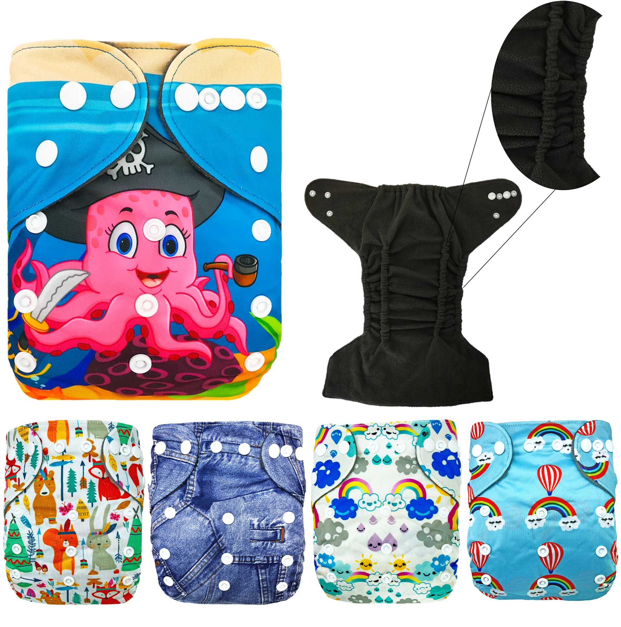 Paquete 5 Pañales Ecológicos de tela para bebés Estampados con Insertos ecobaby original