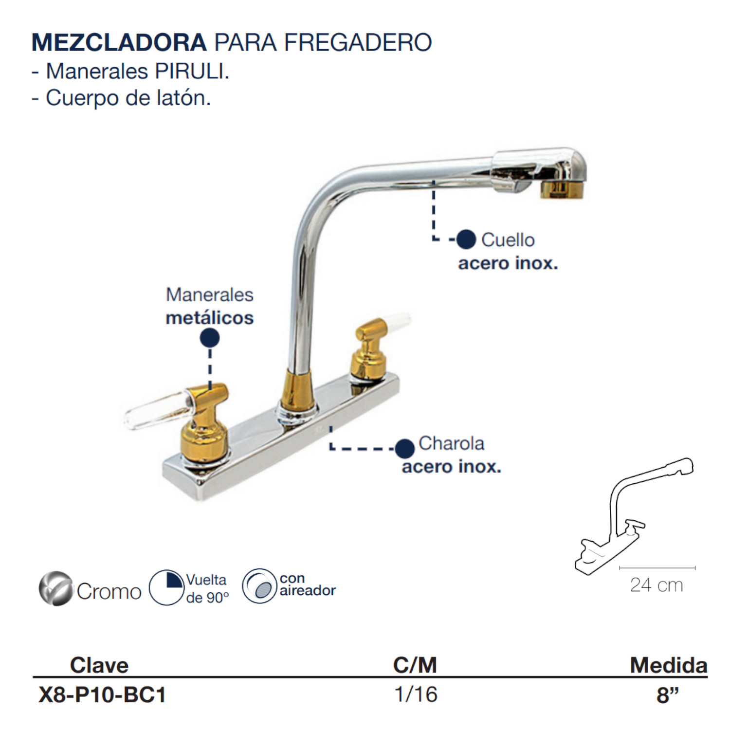Llave Mezcladora Agua Fregadero O Tarja De Cocina Alfa Cromado Manerales Piruli Oro Y Cuello Cobra