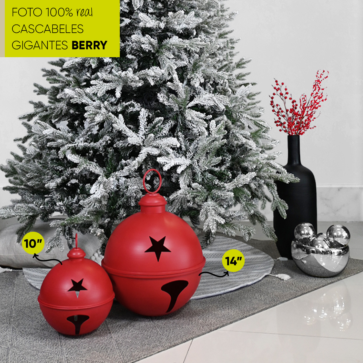 Cascabeles navideños gigantes Set 2 piezas metal Pie de árbol centro de mesa decoración navidad Huge Christmas Jingle bells Berry