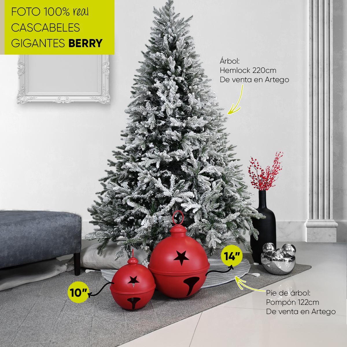 Cascabeles navideños gigantes Set 2 piezas metal Pie de árbol centro de mesa decoración navidad Huge Christmas Jingle bells Berry