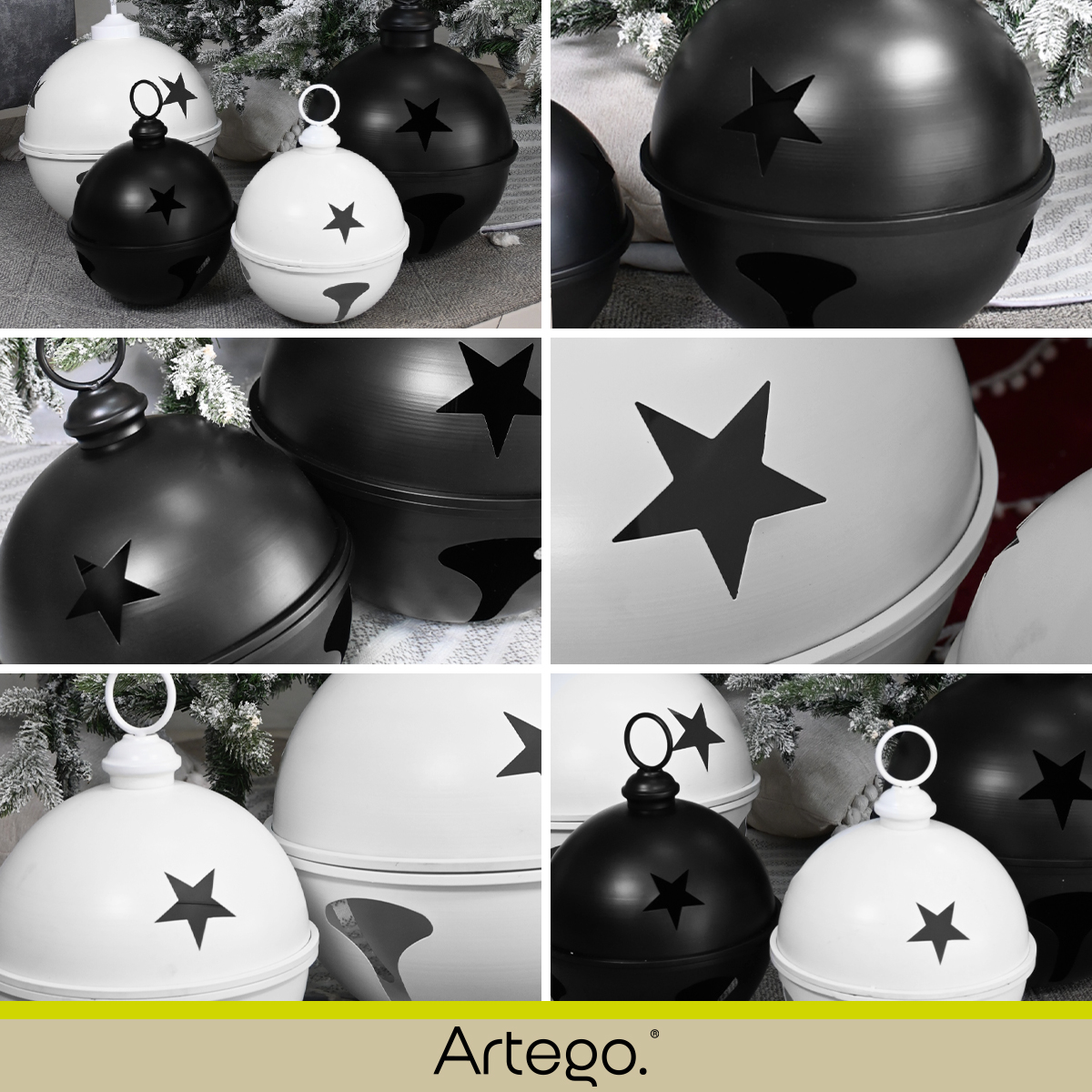 Cascabeles navideños gigantes Set 2 piezas metal Pie de árbol centro de mesa decoración navidad Huge Christmas Jingle bells Snow