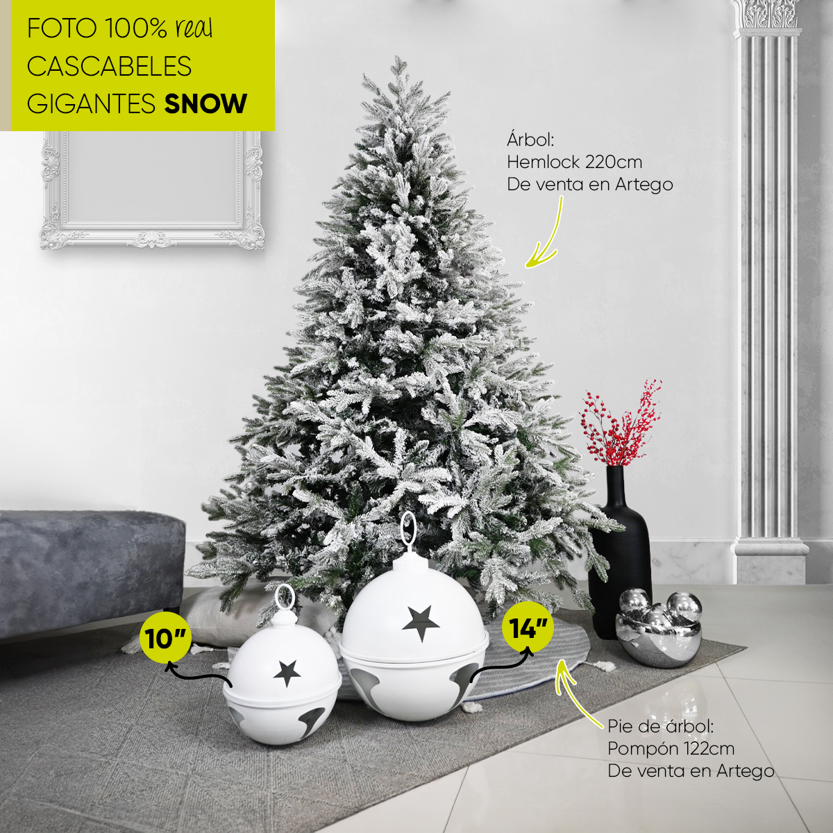 Cascabeles navideños gigantes Set 2 piezas metal Pie de árbol centro de mesa decoración navidad Huge Christmas Jingle bells Snow