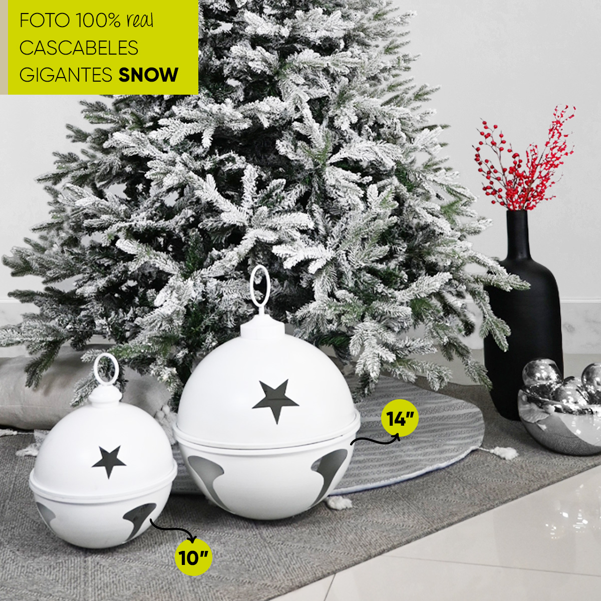 Cascabeles navideños gigantes Set 2 piezas metal Pie de árbol centro de mesa decoración navidad Huge Christmas Jingle bells Snow