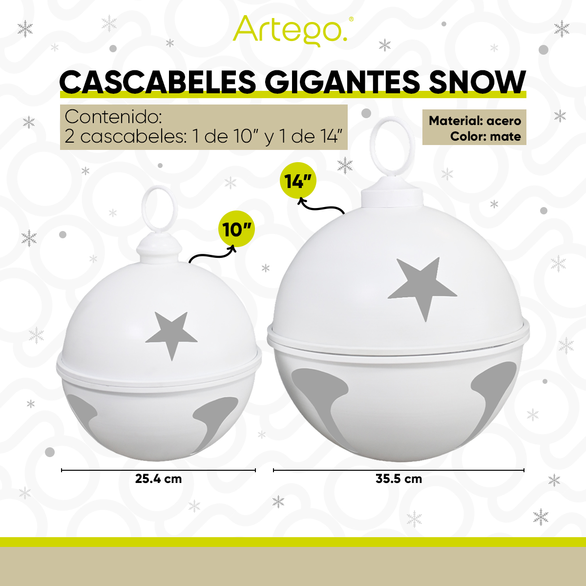 Cascabeles navideños gigantes Set 2 piezas metal Pie de árbol centro de mesa decoración navidad Huge Christmas Jingle bells Snow