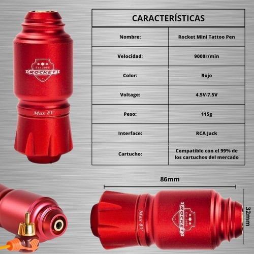 Kit Máquina Para Tatuar Mini Pen Rocket Batería Inalámbrica ROJO