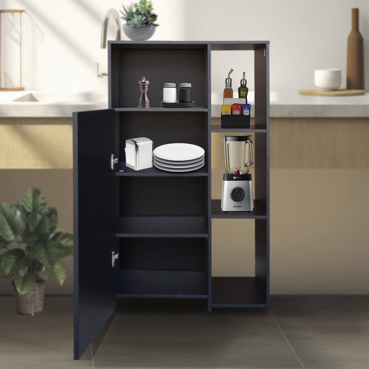 Hogare Mueble Alacena Despensero Organizador Practico Multiusos de melamina de alta resistencia, con puerta y estantes Color Negro
