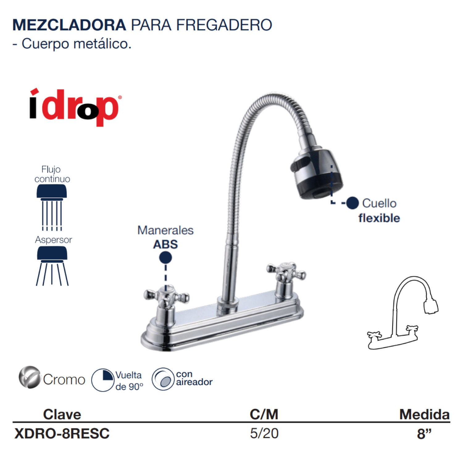 Llave Mezcladora Agua Fregadero O Tarja De Cocina Idrop Cromado 2 Funciones Manerales Cruz