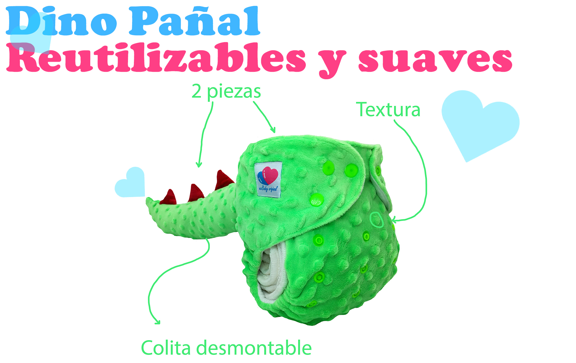 Pañal de tela ecológico para bebés con textura y colita de dinosaurio ecobaby original mas insertos