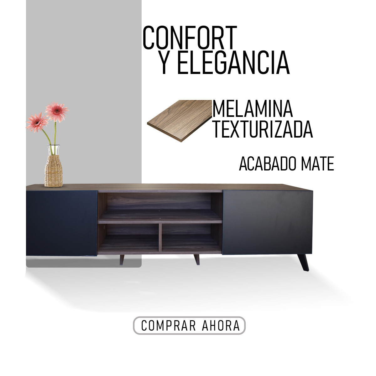  Mueble para TV de 80" Europa  Moderno y Minimalista Hogare Parota Negro