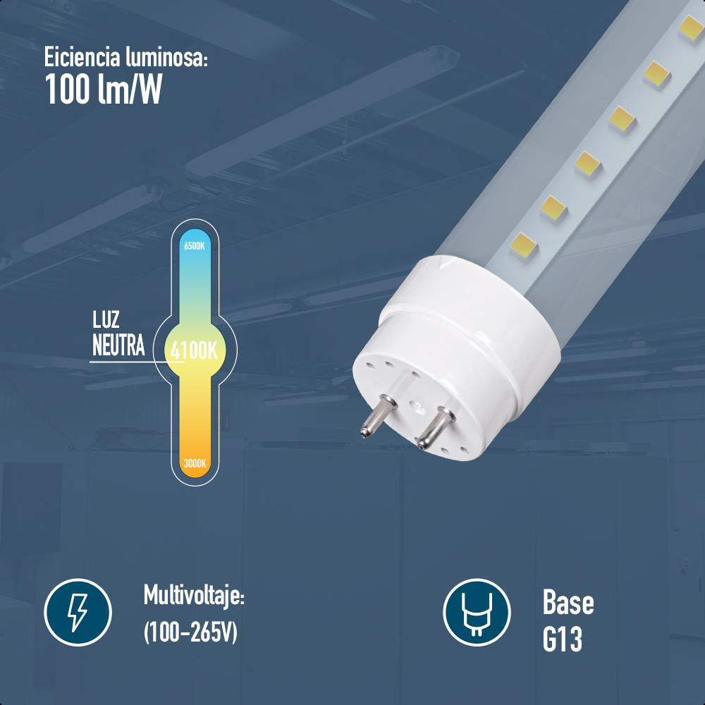 Tubo Led T8 Transparente Icon 18w 4100k 100-265v G13 Color Blanco