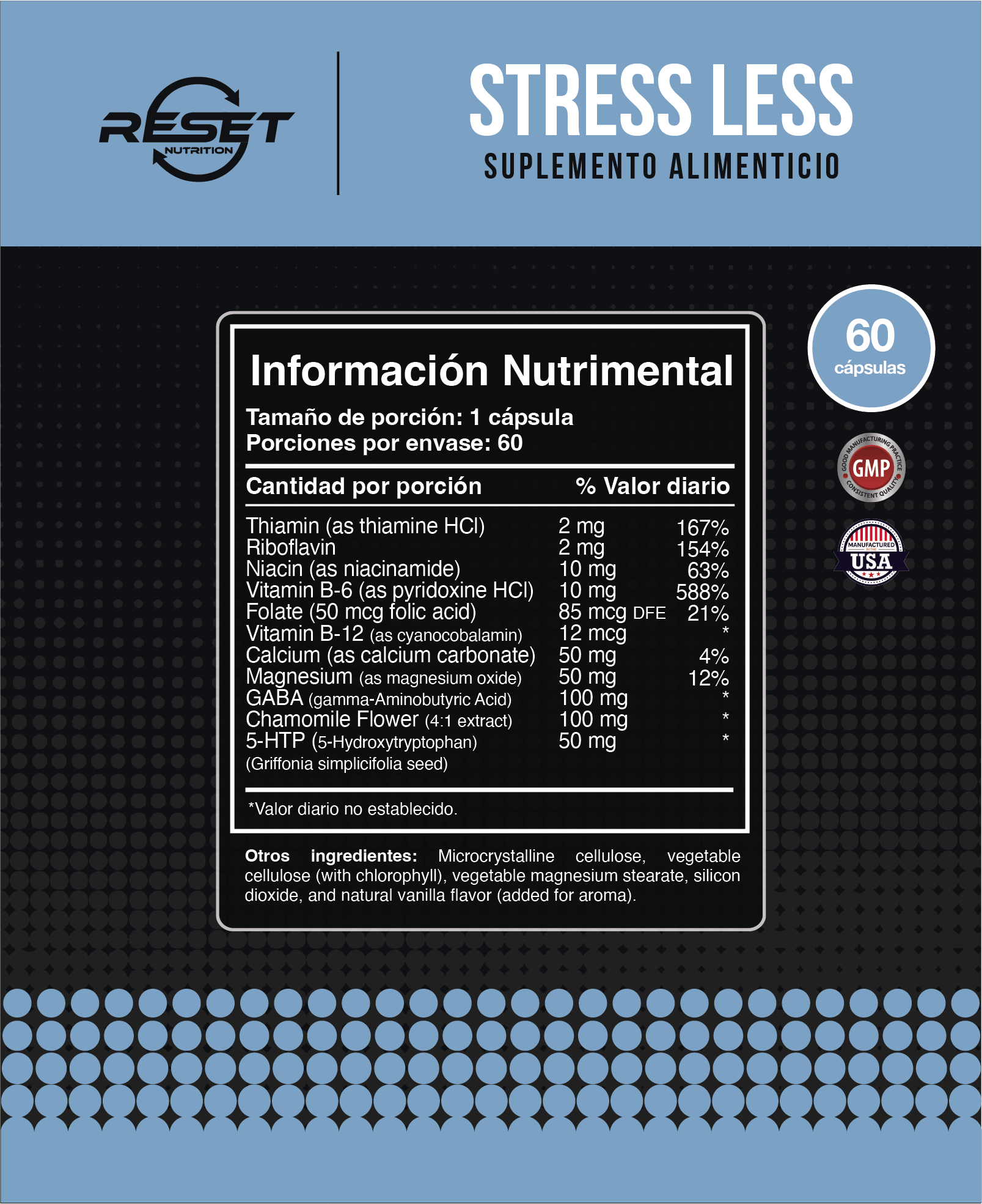 Stress Less | Suplemento Anti-Estrés 100% Natural | Formula avanzada para calmar el estrés, relajar | 60 Capsulas | Hecho en USA | Reset Nutrition