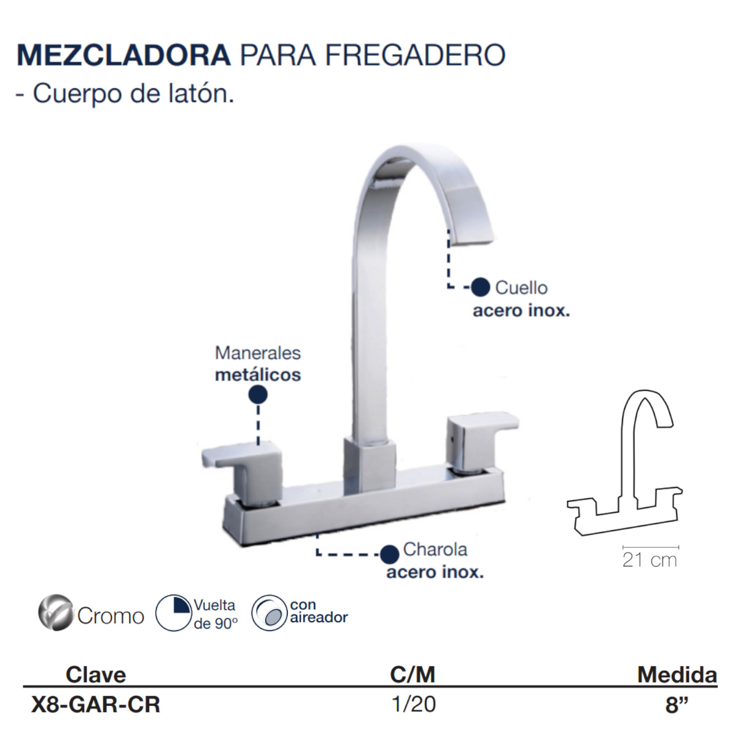 Llave Mezcladora Fregadero O Tarja Cocina Alfa Acero Inoxidable Cromada Manerales Garza