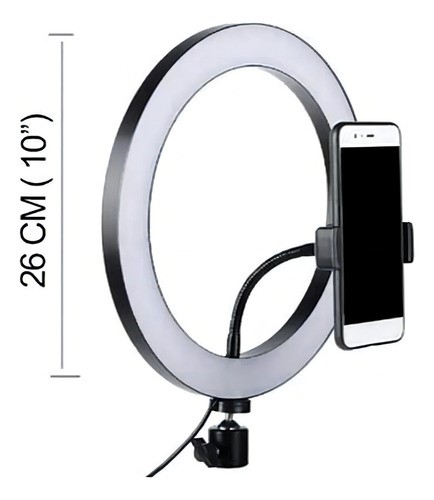Aro De Luz Led 26 Cm Con Tripié Soporte Celular Negro