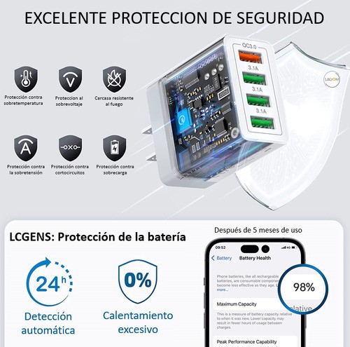 Cubo De Carga Rápida 1 Puerto De Qc 3.0 + 3 Salidas De Usb Con Luz Compatibilidad Universal Blanco