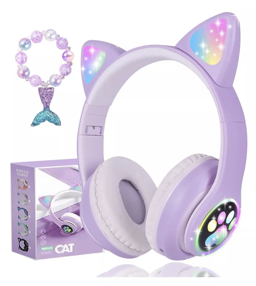 Audifonos Orejas De Gato Bluetooths 5.1 Led Diadema Ninos Color Violeta T