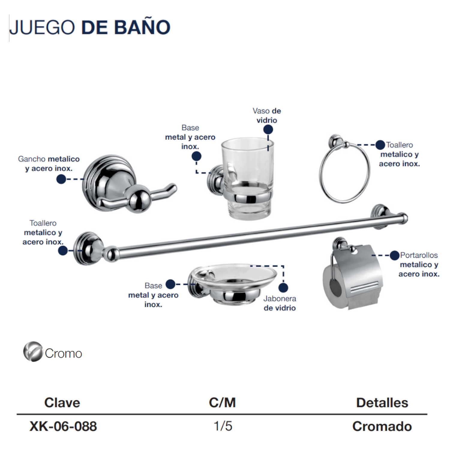 Juego De 6 Accesorios Para Baño Alfa Metálico Cromado Zinc Y Acero Inox Mod088