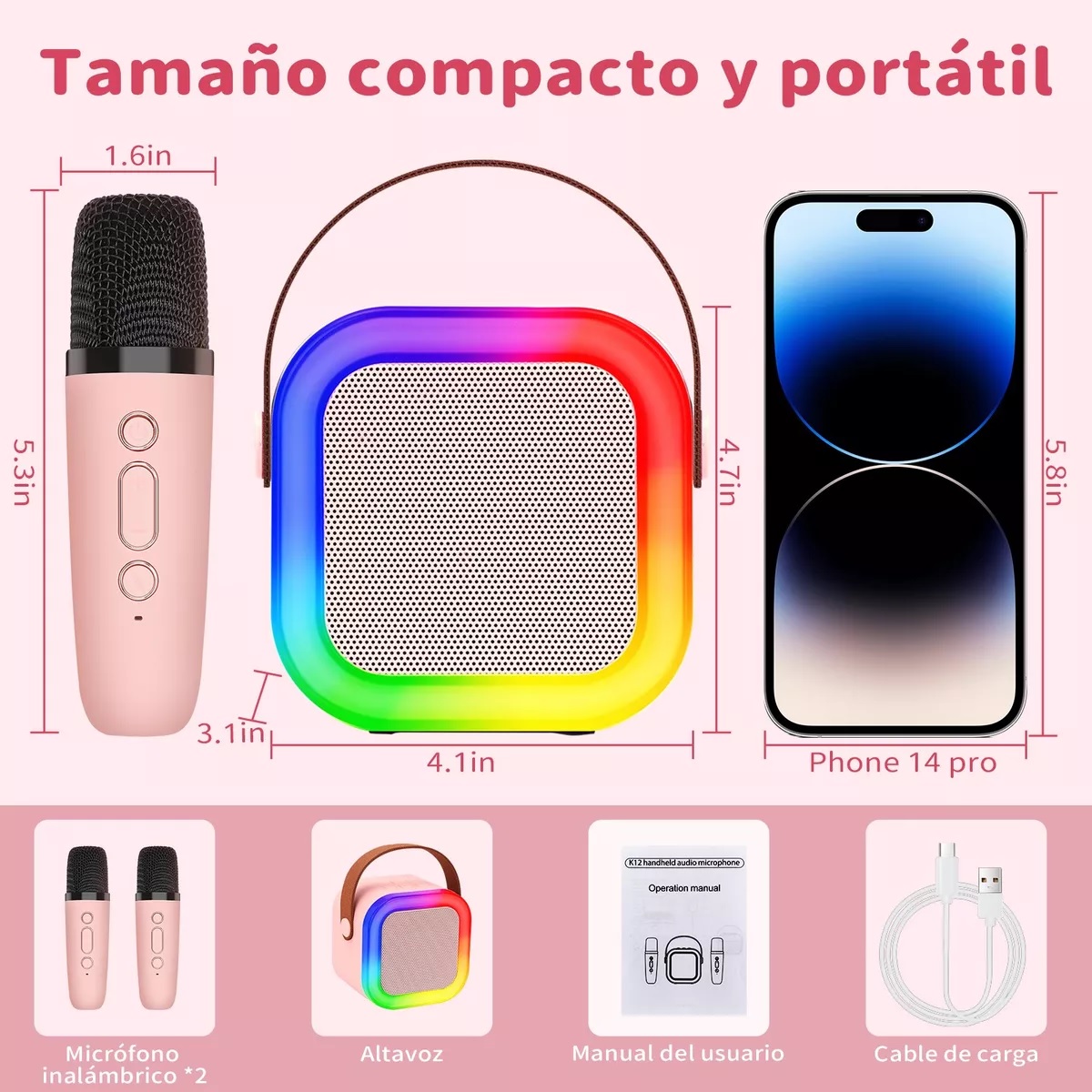 Altavoz Inalámbrico Portátil Con Micrófono Karaoke Bluetooth Rosa