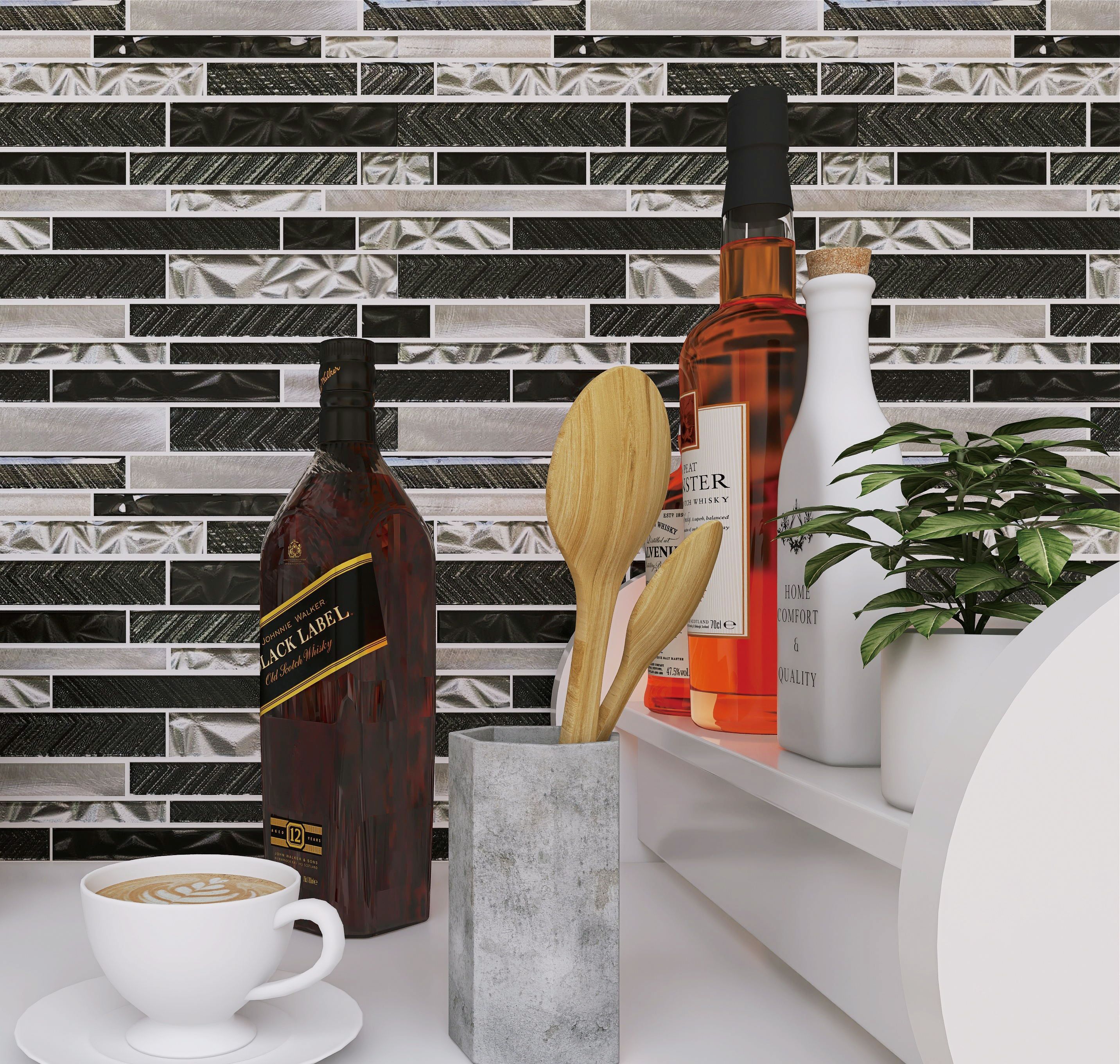 Malla o Mosaico Decorativo de vidrio NA, medida 30 x 30 cms. (base por altura). Diseño en tonos plata y gris con detalles en relieve. Caja de 5 piezas.