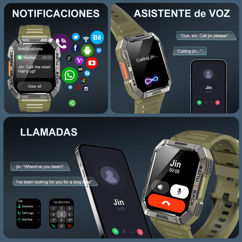 FeipuQu Smart watch Reloj inteligente W60 de 2.1 pulgadas Hombre Militar Linterna Bluetooth IP68 Resistente Al Agua Batería de 900 mAh