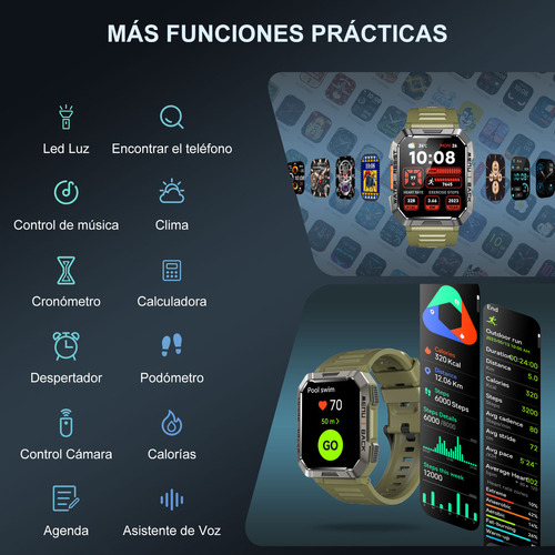 FeipuQu Smart watch Reloj inteligente W60 de 2.1 pulgadas Hombre Militar Linterna Bluetooth IP68 Resistente Al Agua Batería de 900 mAh