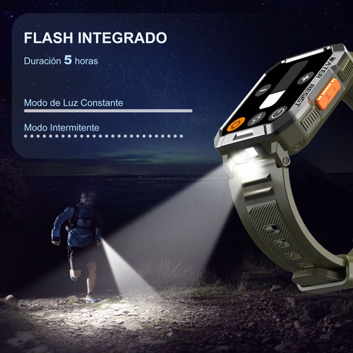 FeipuQu Smart watch Reloj inteligente W60 de 2.1 pulgadas Hombre Militar Linterna Bluetooth IP68 Resistente Al Agua Batería de 900 mAh
