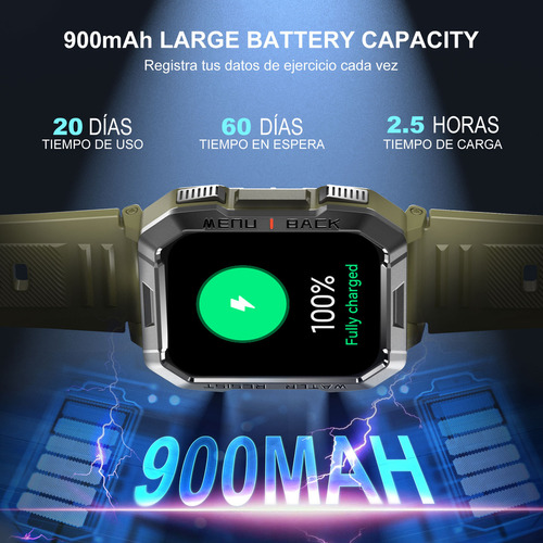 FeipuQu Smart watch Reloj inteligente W60 de 2.1 pulgadas Hombre Militar Linterna Bluetooth IP68 Resistente Al Agua Batería de 900 mAh