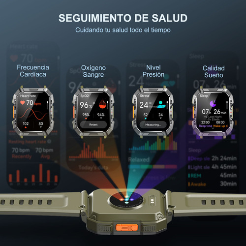 FeipuQu Smart watch Reloj inteligente W60 de 2.1 pulgadas Hombre Militar Linterna Bluetooth IP68 Resistente Al Agua Batería de 900 mAh
