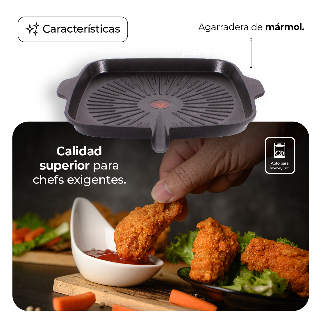 Comal Asas de Mármol con Salida Cuadrado Antiadherente 33 cm