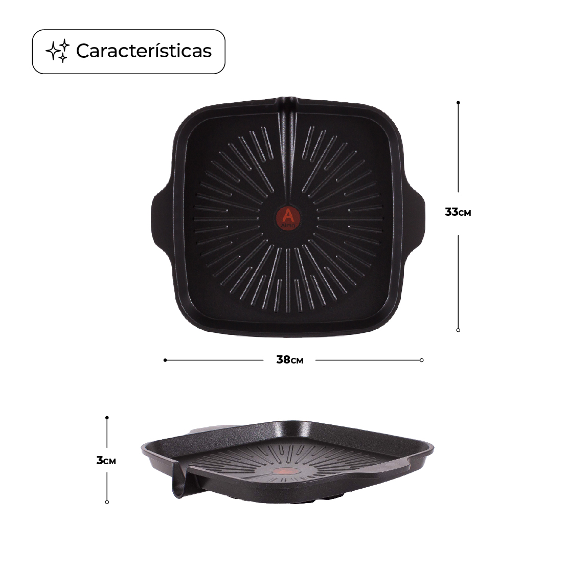 Comal Asas de Mármol con Salida Cuadrado Antiadherente 33 cm