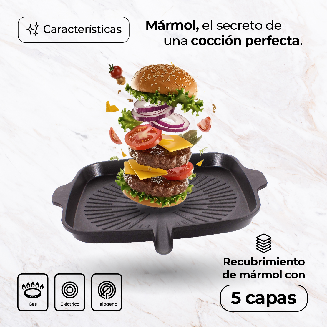 Comal Asas de Mármol con Salida Cuadrado Antiadherente 33 cm