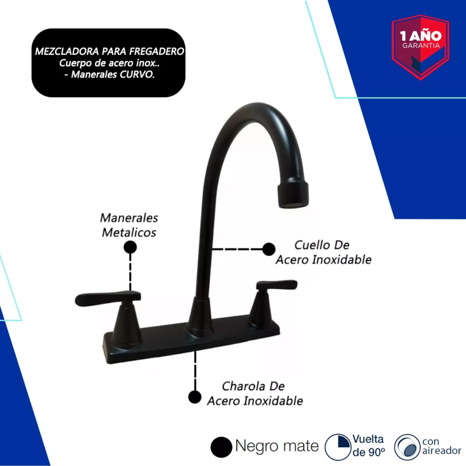 Llave Mezcladora Fregadero O Tarja Cocina Cisne Negro Mate