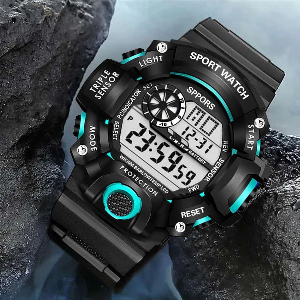 Reloj Digital LED azul deportivo electrónico multifunción militar negro claro contra agua pulsera